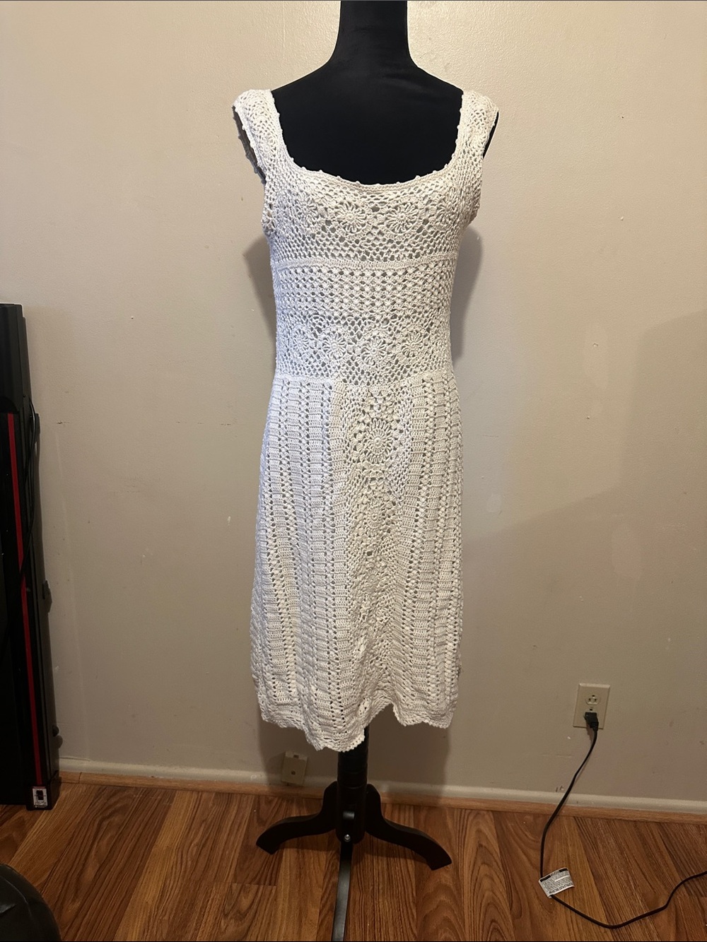 dressbarn White Boho Crochet Midi Dress with Square Neck 🤍